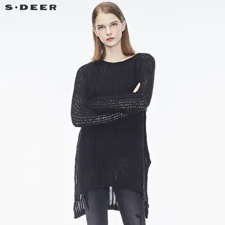 sdeer圣迪奥女装简约纯色宽松开衩前后摆粗棒针织衫S17383538图片