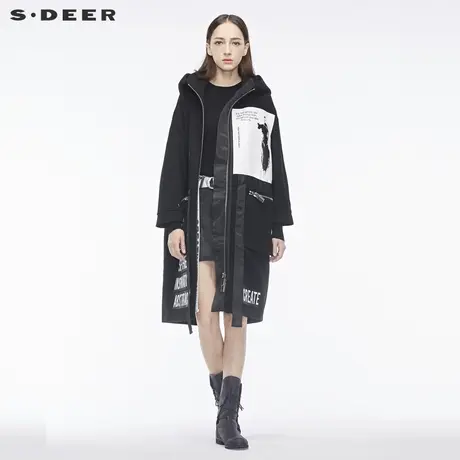 sdeer圣迪奥2018秋冬新款撞色字母贴袋时尚连帽毛呢大衣S18481838图片