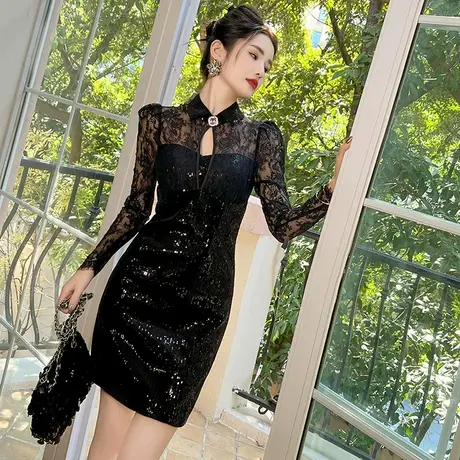 新中式女装黑色蕾丝亮片连衣裙性感名媛小个子复古修身包臀裙短款图片