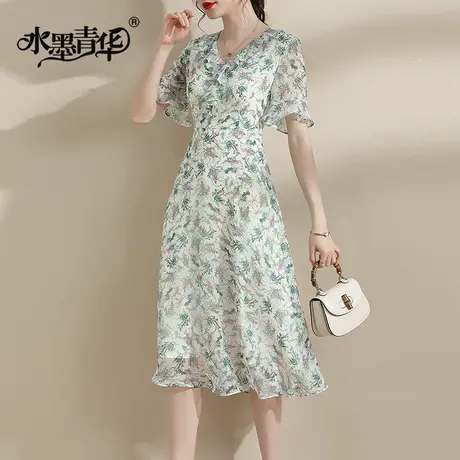 【1件7.9折】短袖女夏季新品修身花色雪纺裙荷叶边中长款连衣裙图片