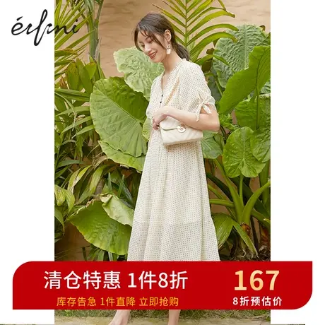 伊芙丽夏季新款波点收腰连衣裙蝴蝶结袖中长款裙子1B3990901图片