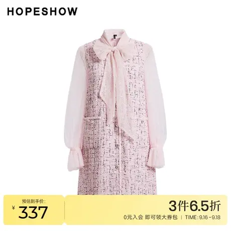 红袖outlets拼接网纱套头连衣裙hopeshow2022冬季新款飘带领裙子图片