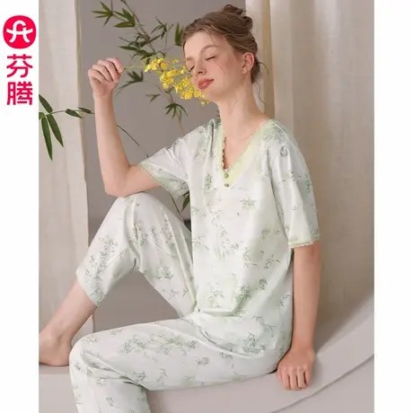 芬腾女士睡衣夏季薄款纯棉V领短袖套装抗菌休闲加大码女款家居服图片