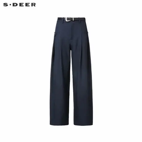 sdeer圣迪奥冬季女装复古高腰拼接压褶阔腿裤长裤S24480803商品大图