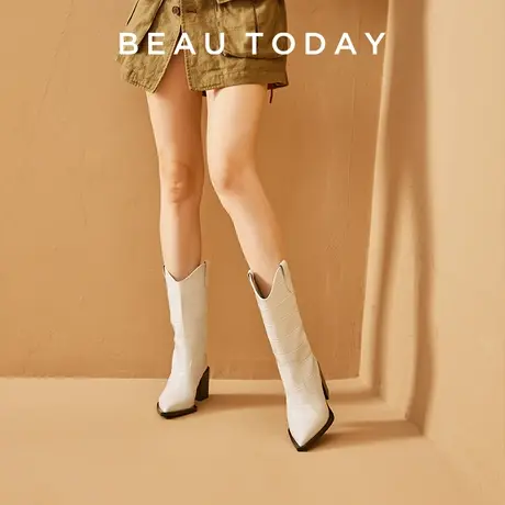 BeauToday中筒靴女2023新款BT真皮牛仔靴白色高跟尖头弹力女靴商品大图