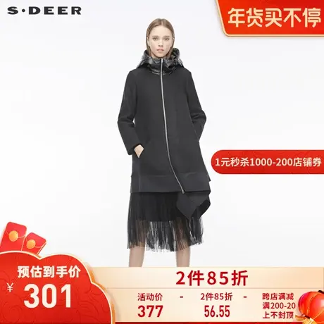 sdeer圣迪奥女冬高领连帽拼接不规则含羊毛黑色毛呢大衣S19481754图片