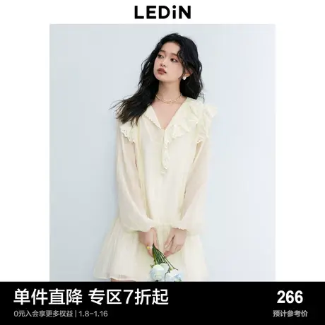 乐町甜美减龄娃娃裙夏季新款V领蕾丝连衣裙气质长袖连衣裙图片