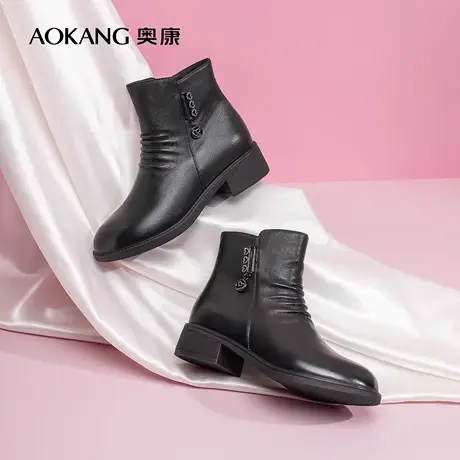 【门店发货】奥康女鞋 2022冬季新款真皮靴子粗跟百搭日常妈妈鞋图片