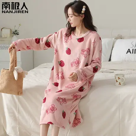 珊瑚绒睡裙女款冬季加绒加厚女士草莓熊孕妇睡衣女秋冬款2023新款商品大图