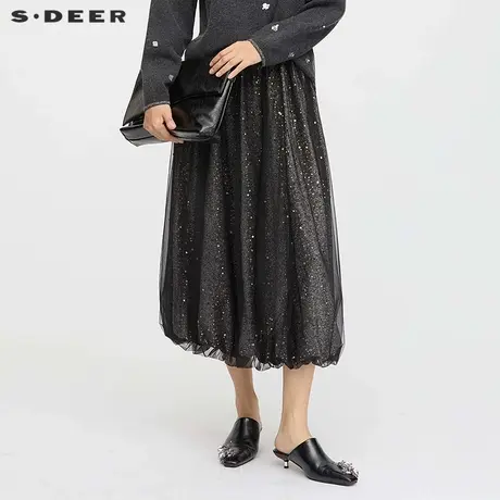 【好物体验专享】sdeer圣迪奥松紧高腰亮片网纱A字长裙S253Z1108商品大图