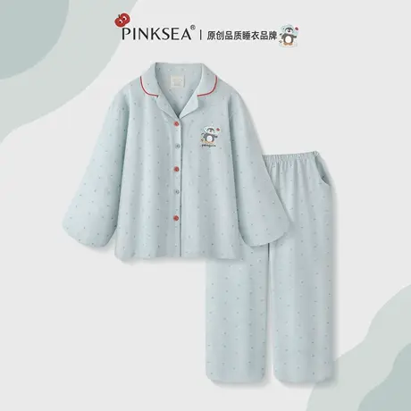 【超柔软】纯棉睡衣女款长袖长裤可爱卡通蓝色家居服可外穿套装图片
