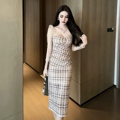 性感名媛风蕾丝连衣裙2023秋季新款气质轻奢中长款小众修身包臀裙图片
