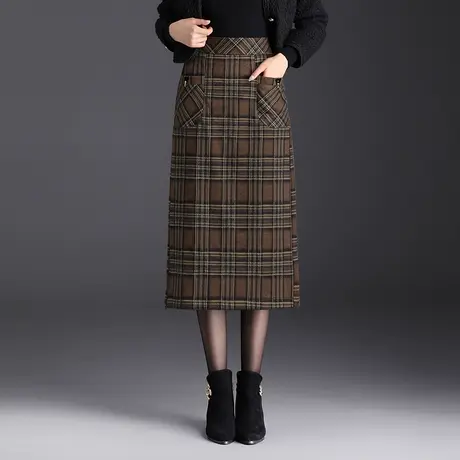 2023新款秋冬复古厚格纹包臀裙半身裙女高腰中长款显瘦开叉一步裙图片