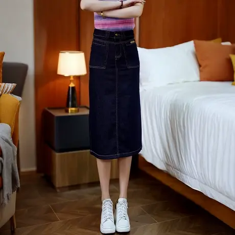 高腰丹宁色牛仔A字半身裙女2025夏季薄款中长裙开叉直筒包臀裙图片