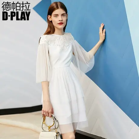 DPLAY德帕拉夏欧美白色圆领拼接网纱透视高腰中袖蛋糕裙图片