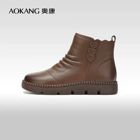 【门店发货】奥康女鞋 2023冬季新款妈妈鞋真皮加绒厚底增高棉鞋图片