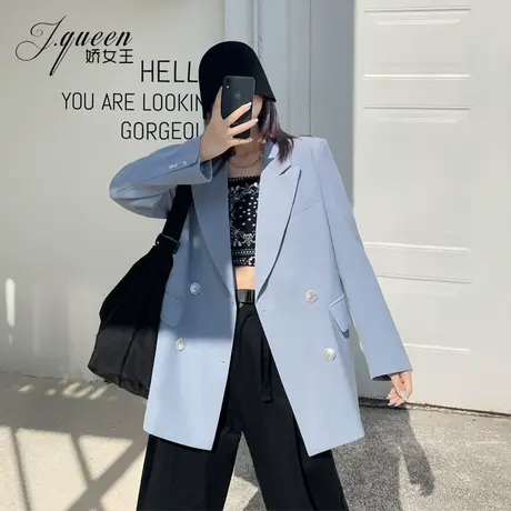 蓝色西装外套女秋季韩版简约气质时尚减龄宽松休闲网红小西服潮图片