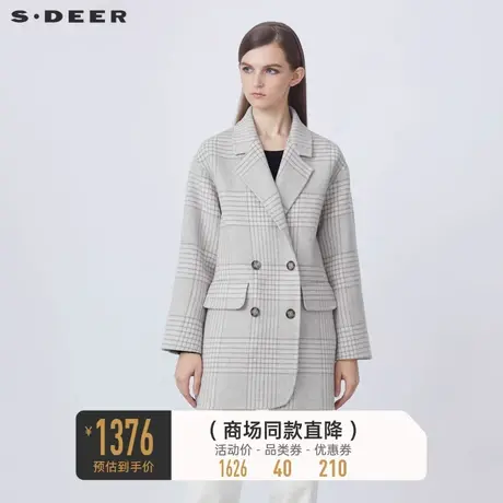 sdeer圣迪奥秋冬通勤格纹中长款双面呢西装大衣S21481707图片