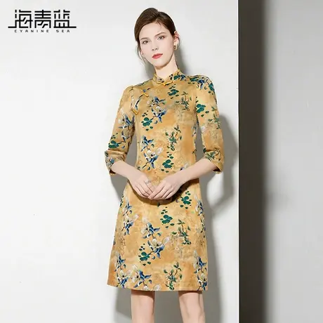 海青蓝 中式连衣裙秋冬女2025新款高级女装设计感印花中长款裙子图片