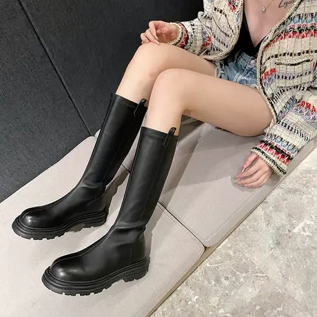 长筒靴女不过膝2023秋冬新款弹力瘦瘦靴高筒靴小个子粗跟增高长靴商品大图
