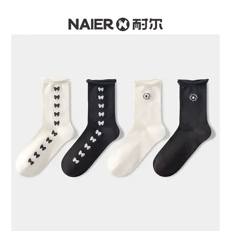 耐尔长筒女士袜子夏天无骨ins潮黑白纹透气百搭运动长款棉袜防滑图片