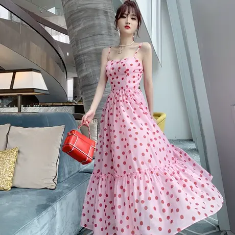 法式收腰甜美仙女大摆裙子长款夏季雪纺波点chic性感吊带连衣裙女图片