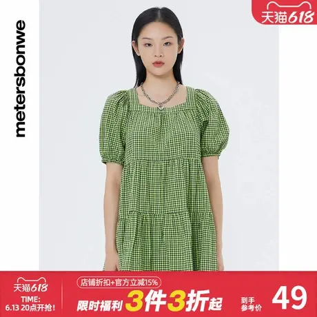 美特斯邦威女格纹连衣裙春秋季时尚简约泡泡袖全棉合体中长款裙子图片