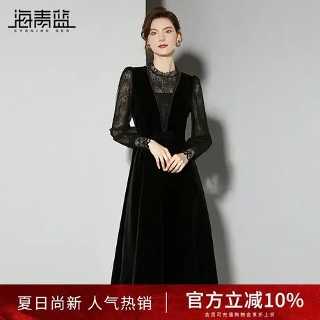 海青蓝时尚高级感丝绒连衣裙女2025春季新款气质蕾丝拼接中长裙图片