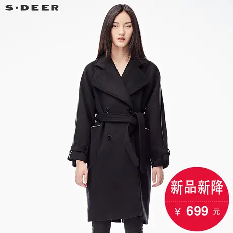 sdeer圣迪奥冬装双排扣白边拼接腰带羊毛毛呢大衣女S17361858图片