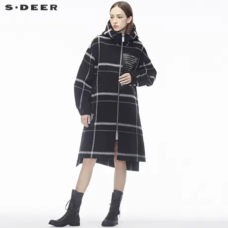 sdeer圣迪奥2019冬装格纹开衩摆高领连帽羊毛毛呢大衣女S18481809图片