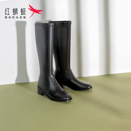 红蜻蜓女靴2023冬新款加绒粗跟长靴时尚百搭长筒皮靴高筒骑士靴女图片