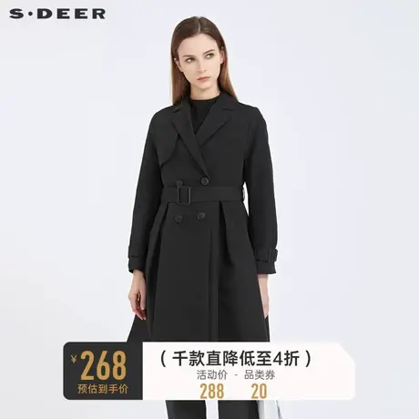 sdeer圣迪奥秋装西装领双排扣收腰中长款风衣女S21181803图片