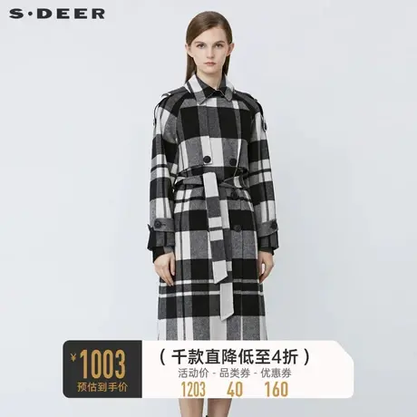 sdeer圣迪奥冬季复古翻领撞色格纹收腰毛呢大衣S21481818图片