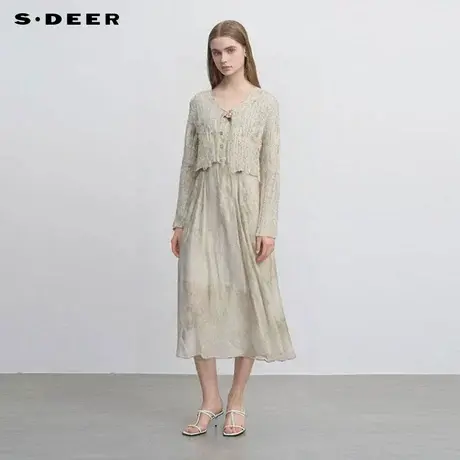 sdeer圣迪奥女装印花收腰网纱针织衫吊带裙套装S242Z1448图片