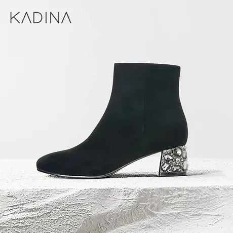 卡迪娜新款水钻粗跟女鞋迷你羊反绒面革时装靴女靴KA221511图片