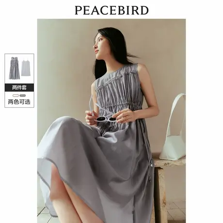 太平鸟莱赛尔抽褶无袖连衣裙2025夏高级感小众长裙女通勤裙子图片