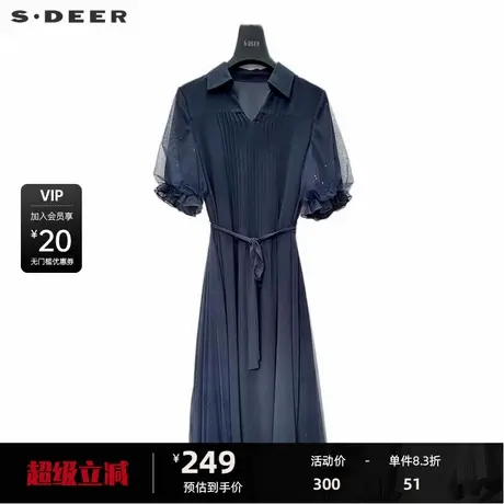 sdeer圣迪奥女装翻领风琴褶收腰网纱泡泡袖连衣裙S232Z12RD图片