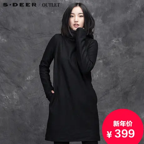 s.deer圣迪奥2016冬装新款简约黑色连帽中长款毛呢外套S15481761图片