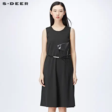 sdeer圣迪奥秋装现代立体热切拼贴腰带黑色无袖连衣裙女S17181204图片