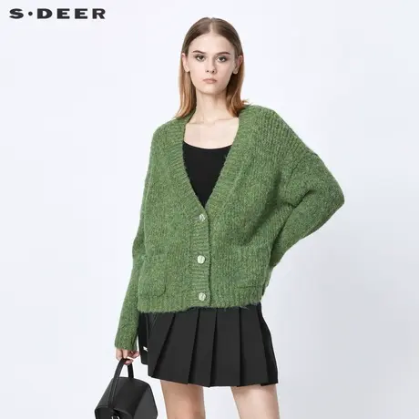 【秒杀】sdeer圣迪奥女装时尚罗纹V领插袋开衫针织衫S21483501图片