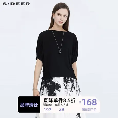 sdeer圣迪奥女装圆领抽褶拼接宽松短袖T恤S21280153商品大图
