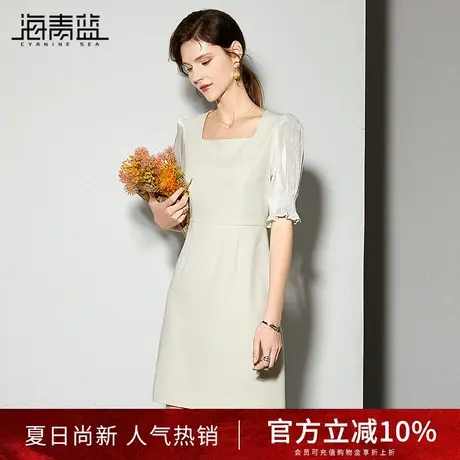 海青蓝时尚优雅气质连衣裙女2025夏季新款方领泡泡袖OL通勤中长裙图片