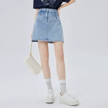 艾莱依商场同款海螺刺绣印花半身裙女夏季新款a字复古直筒牛仔裙图片