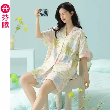 芬腾纯棉睡衣女夏季薄款短袖短裤套装舒适夏天凉感大码休闲家居服图片