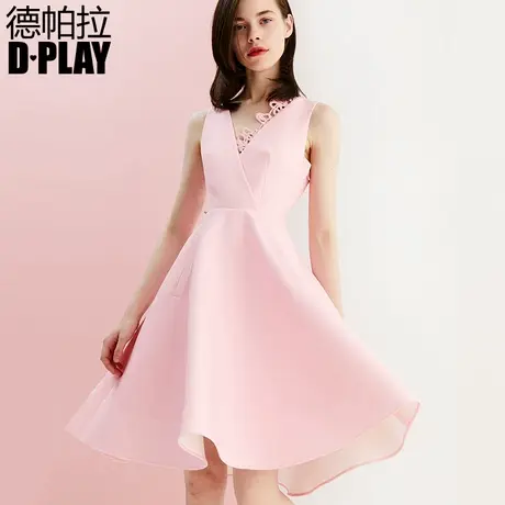 DPLAY德帕拉欧美粉色V领拼接蕾丝无袖高腰通勤连衣裙图片