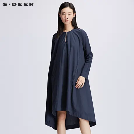sdeer圣迪奥2019夏装女装宽松纯色圆领前开襟连衣裙S17281221图片