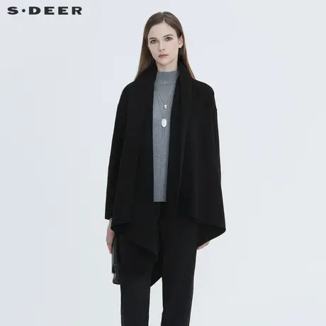 sdeer圣迪奥冬季休闲开襟不规则拼接黑色毛呢大衣女S20461701图片