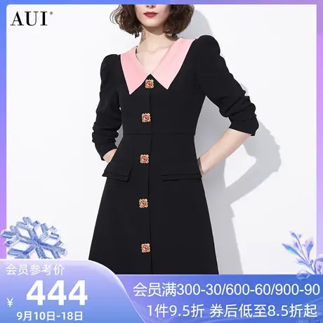 AUI黑色名媛气质修身连衣裙女2023春秋新款泡泡袖收腰显瘦中长裙图片
