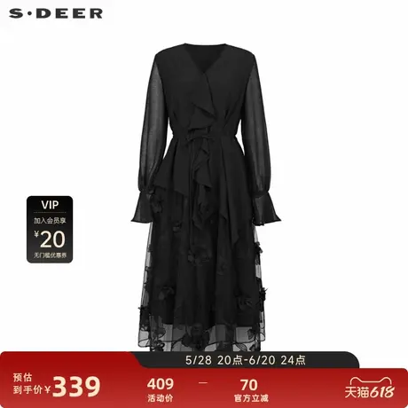 sdeer圣迪奥女装V领荷叶边绣花网纱收腰连衣裙S241Z12D2图片