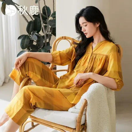 秋鹿柔软透气梭织纯棉睡衣女2025夏季新款V领显瘦七分袖薄家居服图片